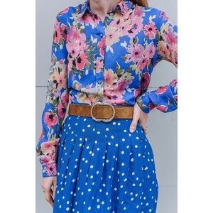 Sezane Top Ann Floral Silk Button-Down Long-Sleeve Summer Glow Jacquard 38 EUC